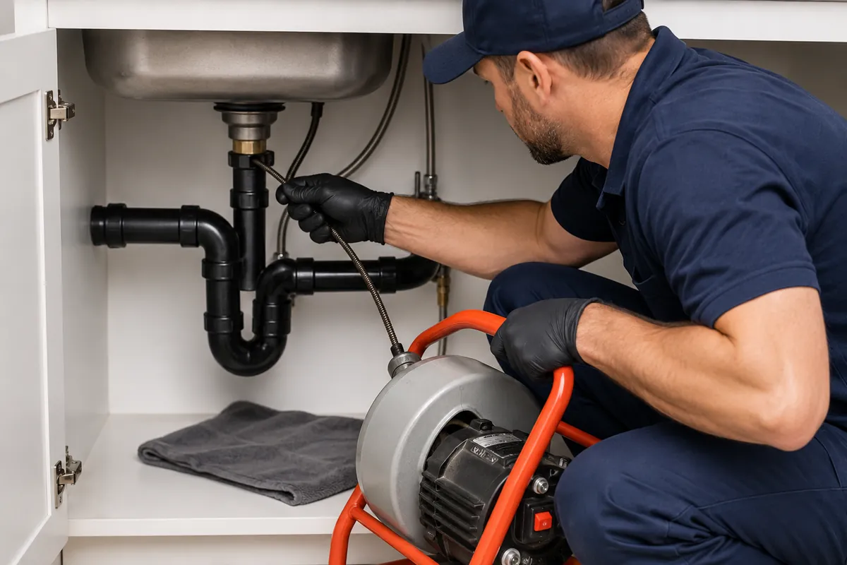 Drain cleaning equipment beneath a residential sink
