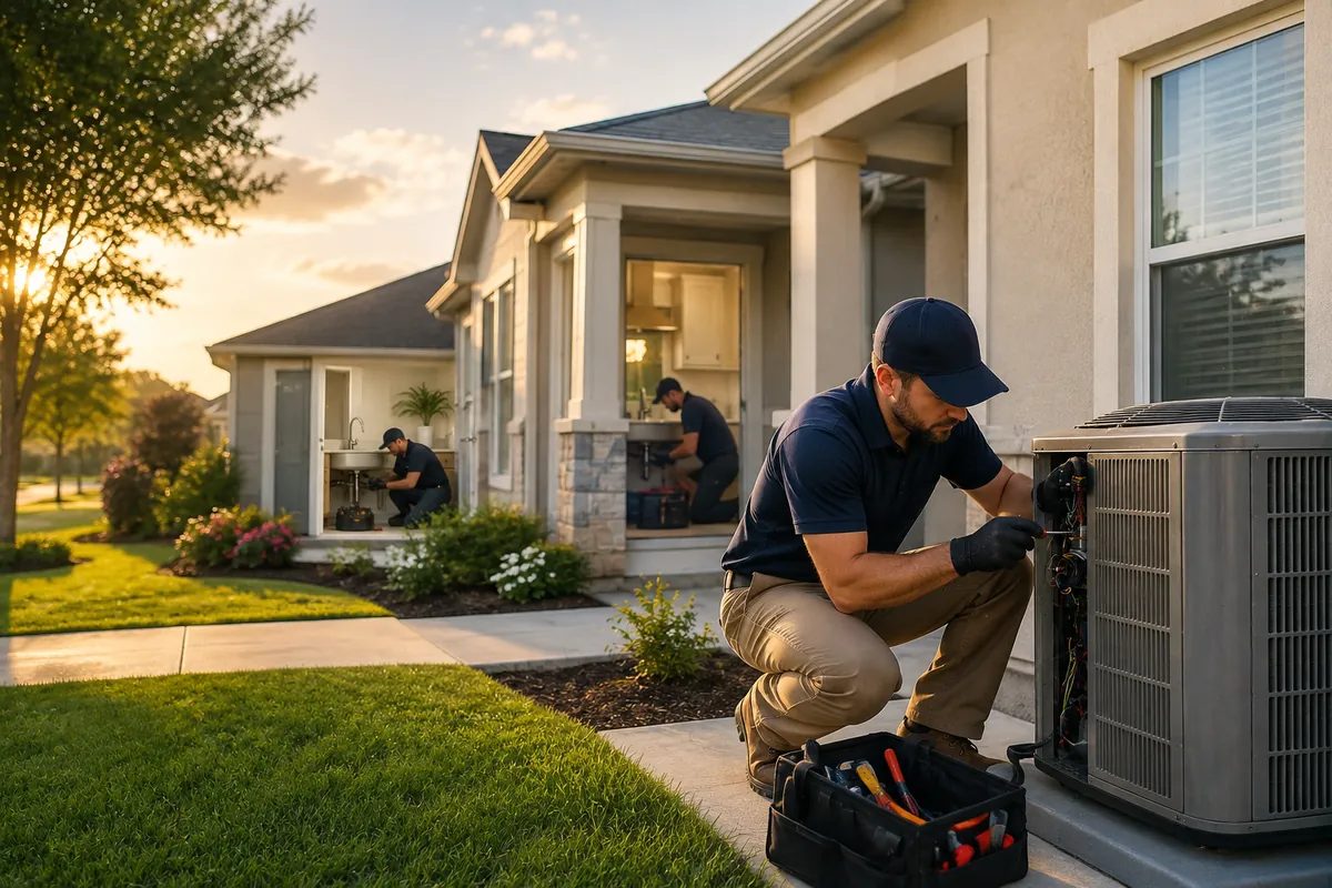 Residential home with technicians working on HVAC and plumbing systems