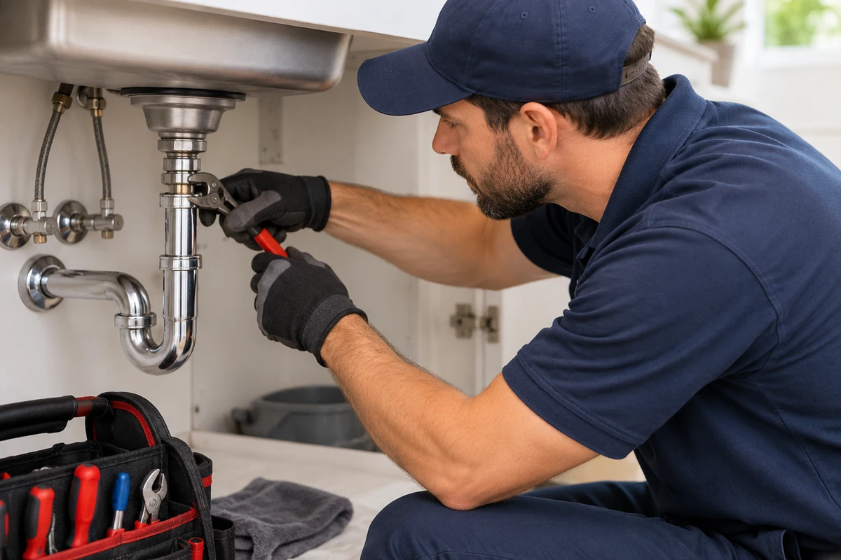 Plumber working on residential sink plumbing