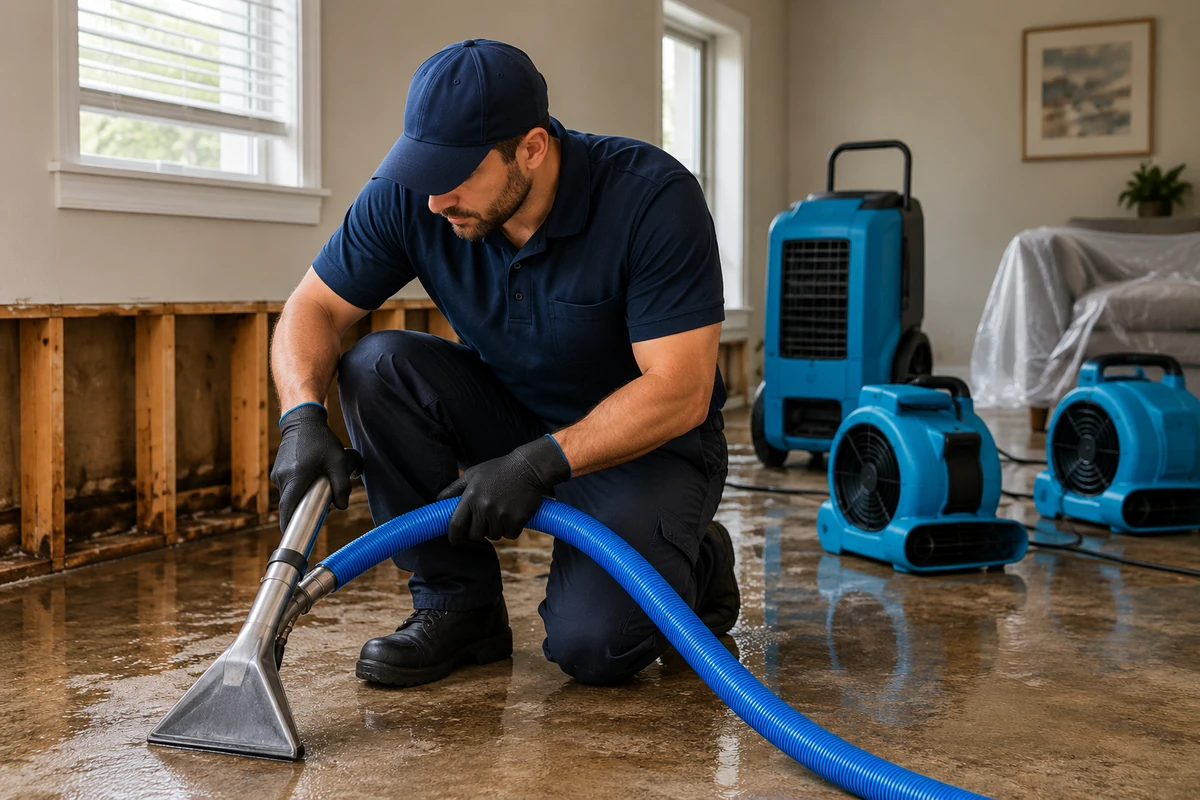 Water damage restoration equipment in a residential interior